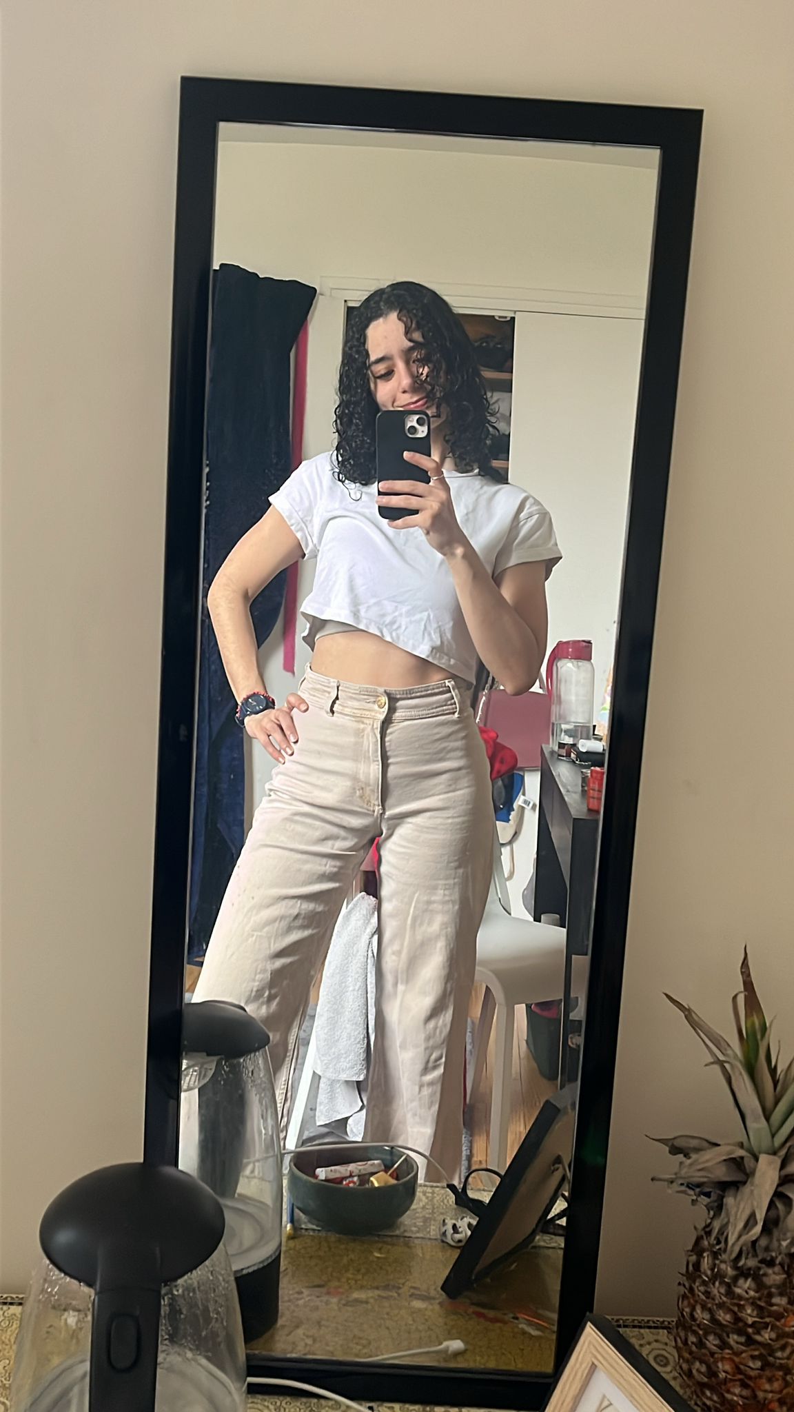 white crop top and wide leg pants